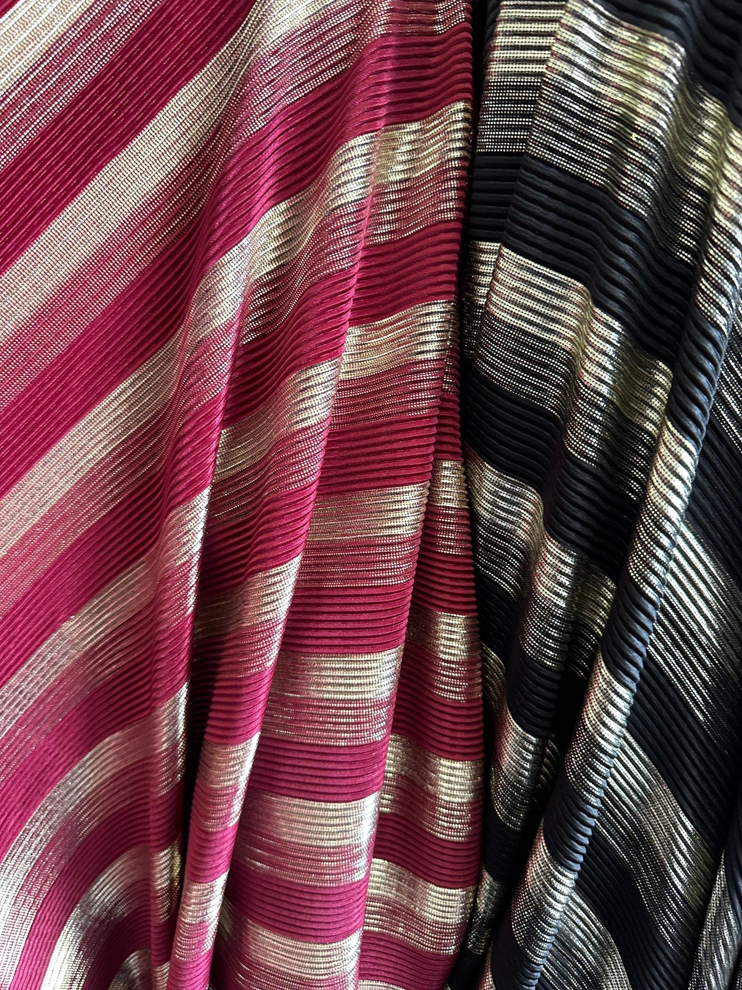 New Pleated metallic poly spandex 2-way stretch 58/60” Sold by the YD. Ships worldwide from Los Angeles California USA