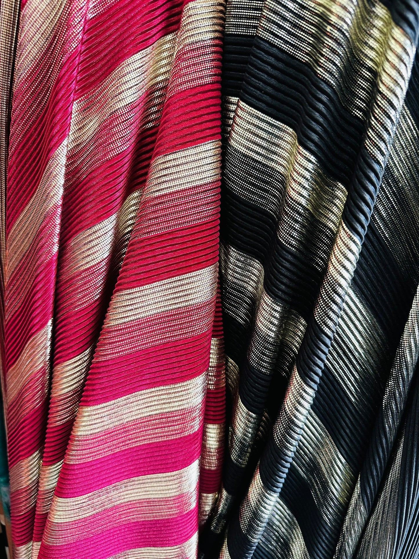 New Pleated metallic poly spandex 2-way stretch 58/60” Sold by the YD. Ships worldwide from Los Angeles California USA
