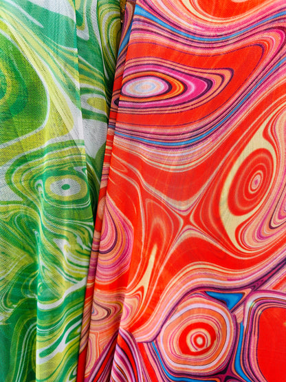 Lava abstract design print on great quality of nylon power mesh 4-way stretch 58/69” Sold by the YD.