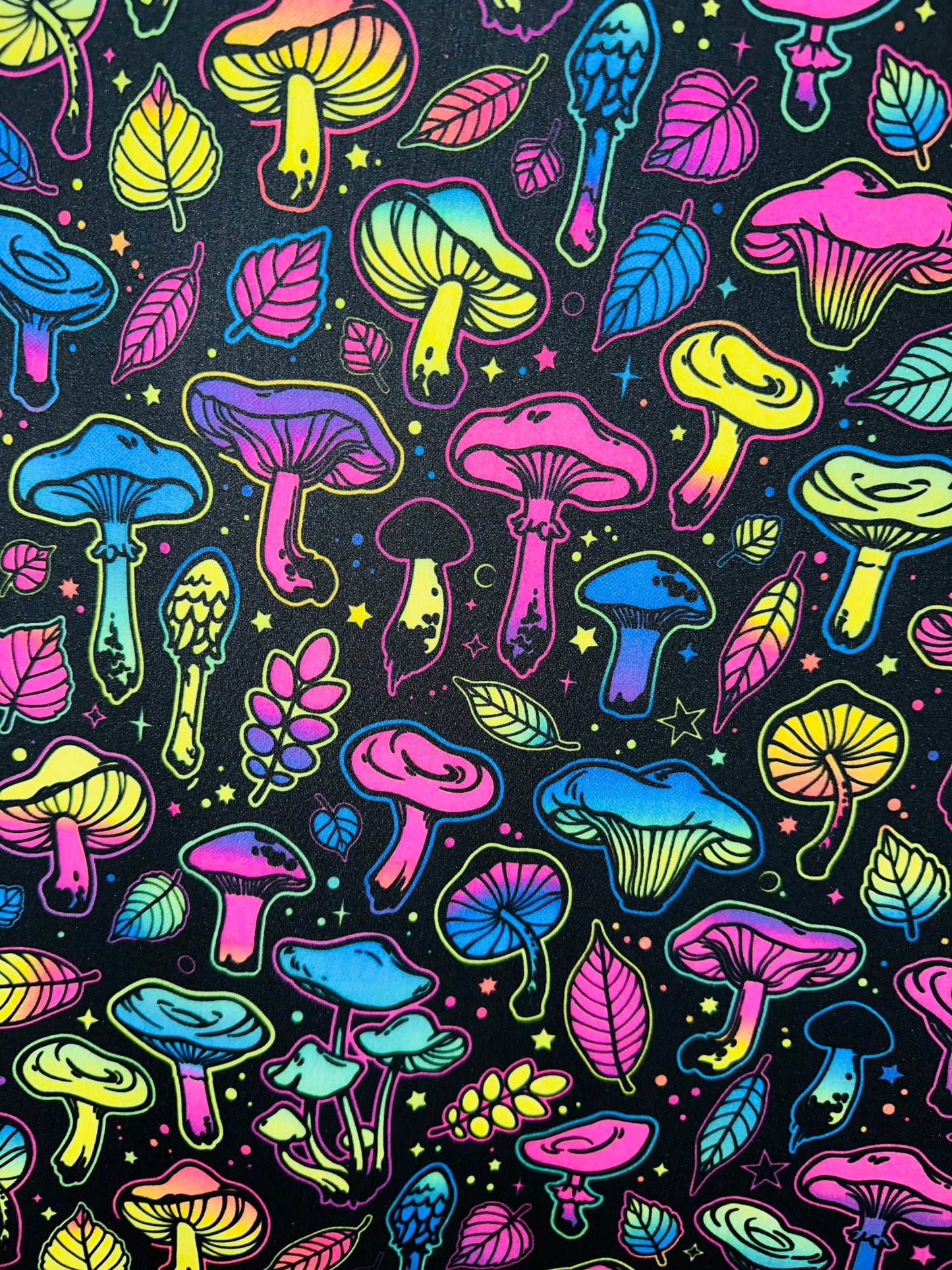 Vivid Mushrooms Luxury Digital design UV glow Neon Rainbow colors it glows under black light print on best quality of nylon spandex 4-way st