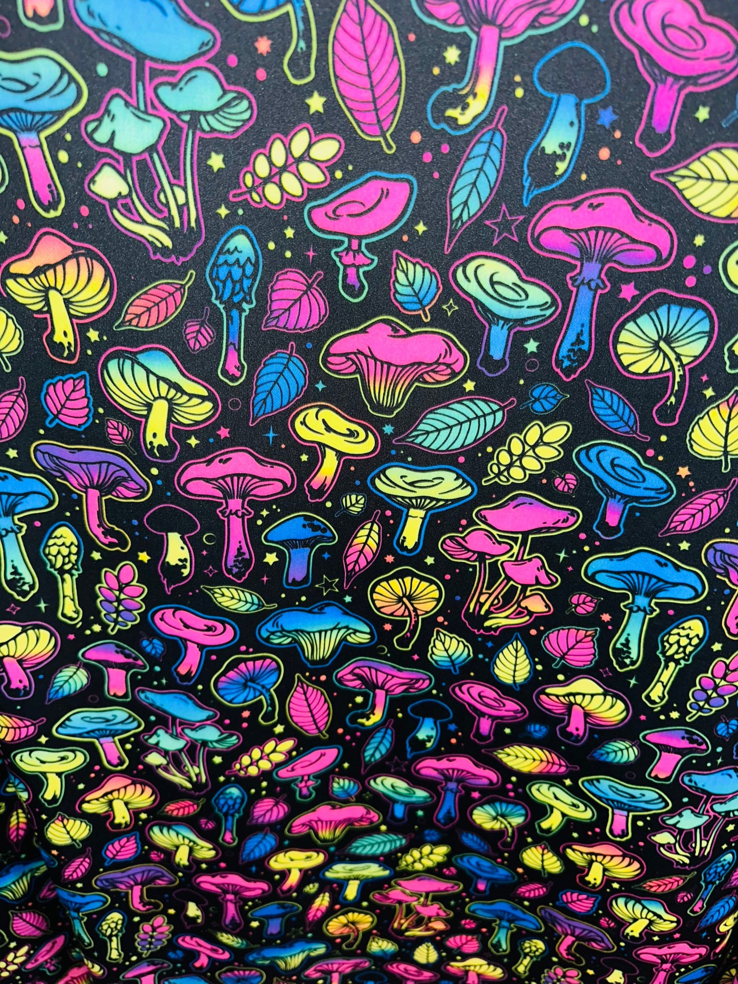 Vivid Mushrooms Luxury Digital design UV glow Neon Rainbow colors it glows under black light print on best quality of nylon spandex 4-way st