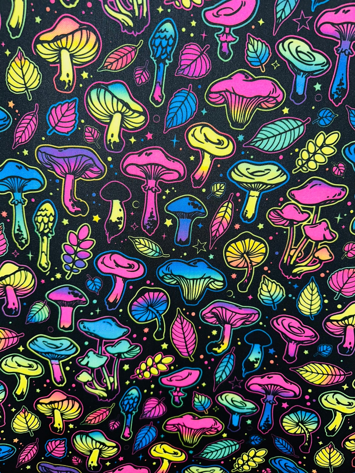 Vivid Mushrooms Luxury Digital design UV glow Neon Rainbow colors it glows under black light print on best quality of nylon spandex 4-way st