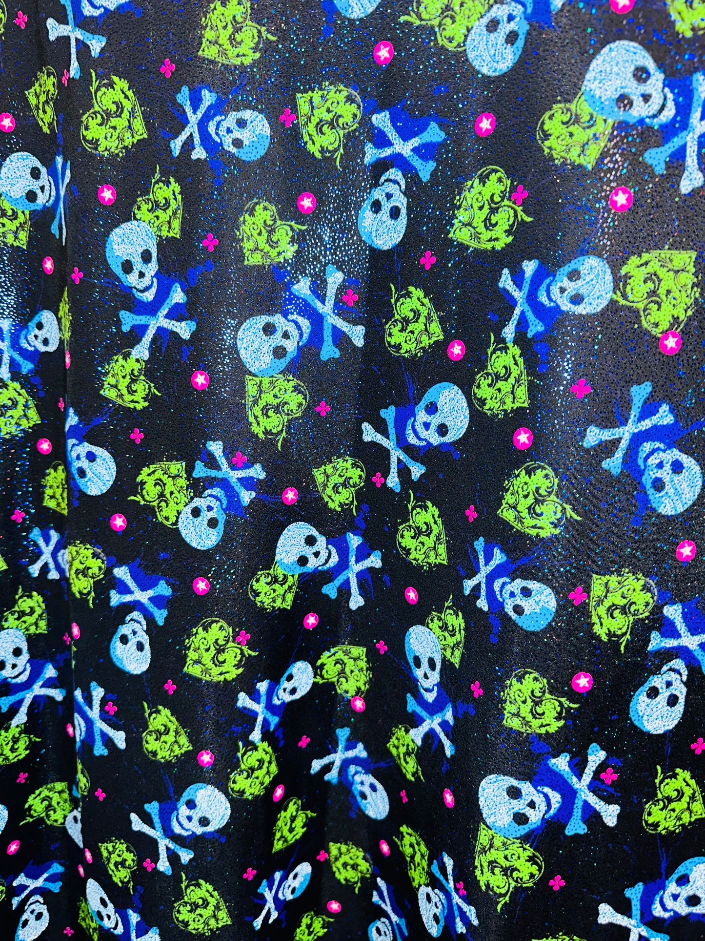 Luxury Skulls with Hearts design print on best quality of nylon spandex with foggy foil 4-way stretch 58/60” High quality spandex fabric