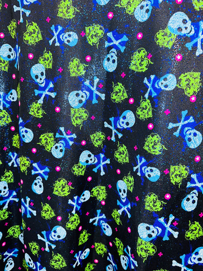 Luxury Skulls with Hearts design print on best quality of nylon spandex with foggy foil 4-way stretch 58/60” High quality spandex fabric