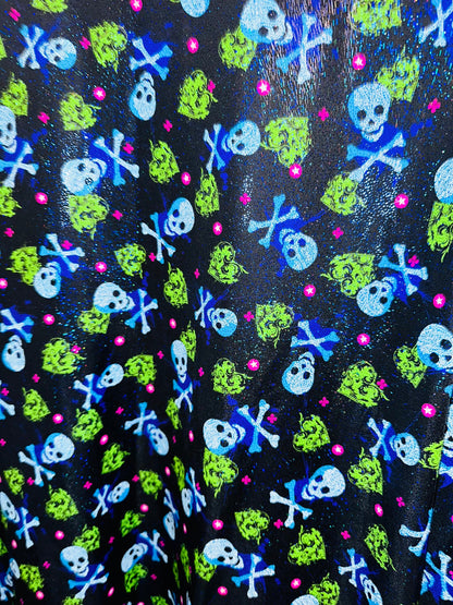 Luxury Skulls with Hearts design print on best quality of nylon spandex with foggy foil 4-way stretch 58/60” High quality spandex fabric