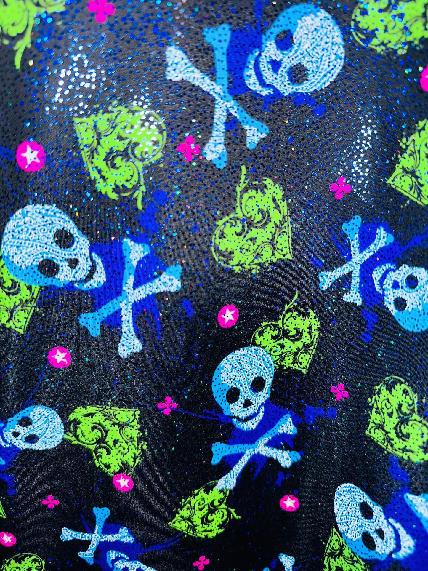 Luxury Skulls with Hearts design print on best quality of nylon spandex with foggy foil 4-way stretch 58/60” High quality spandex fabric