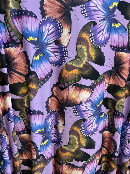 Exotic Butterfly design lavender/Multicolor print on great quality of nylon spandex 4-way stretch 58/60”