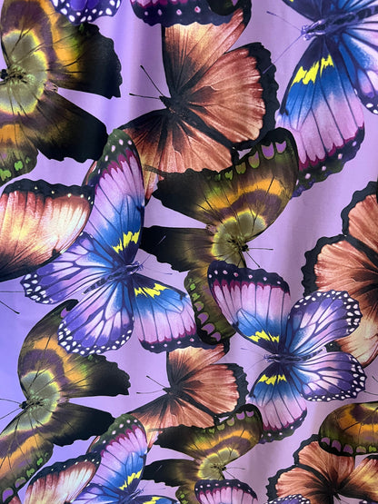 Exotic Butterfly design lavender/Multicolor print on great quality of nylon spandex 4-way stretch 58/60”