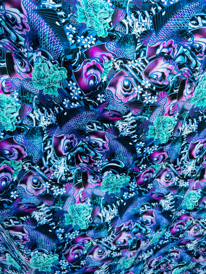 New Luxury fish abstract design Multicolor print on best quality of nylon spandex 4-way stretch 58/50” Sold by the YD.