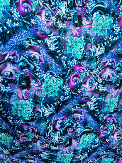 New Luxury fish abstract design Multicolor print on best quality of nylon spandex 4-way stretch 58/50” Sold by the YD.