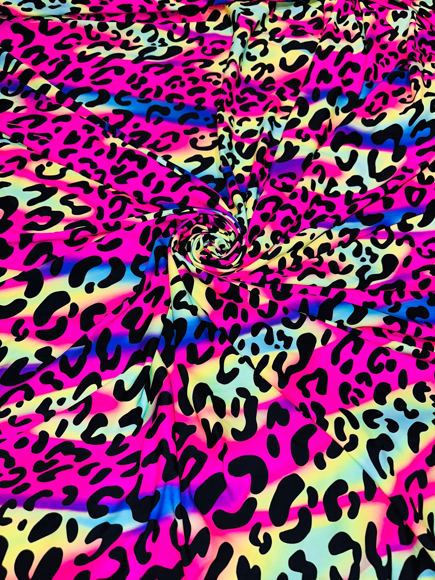 Wild Leopard design rainbow color print on best quality of nylon spandex 4-way stretch 58/60”