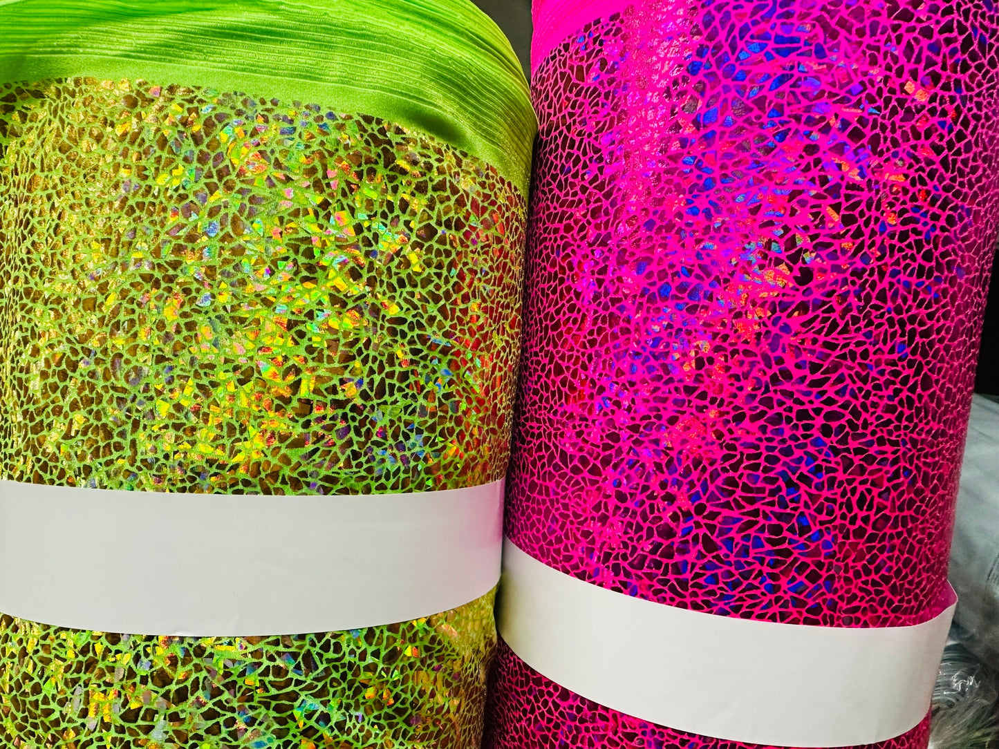 Wild Reptile Design hologram metallic nylon spandex 4-way stretch 58/60” Sold by the YD. Ships worldwide from Los Angeles California USA
