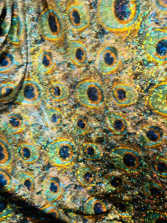 Luxury Peacock design on hologram shattered glass metallic nylon spandex 4-way stretch 58-60” Sold by the YD.