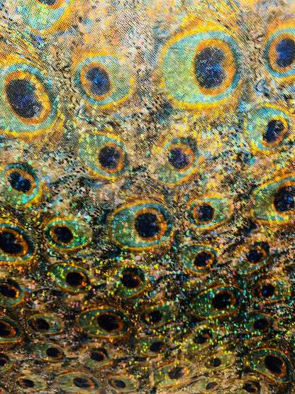 Luxury Peacock design on hologram shattered glass metallic nylon spandex 4-way stretch 58-60” Sold by the YD.