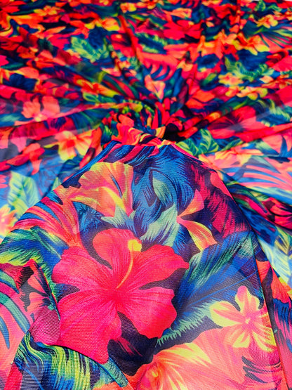 Luxury Hawaiian design with neon colors print on great quality of nylon power mesh 4-way stretch 58/60” Sold by the YD.