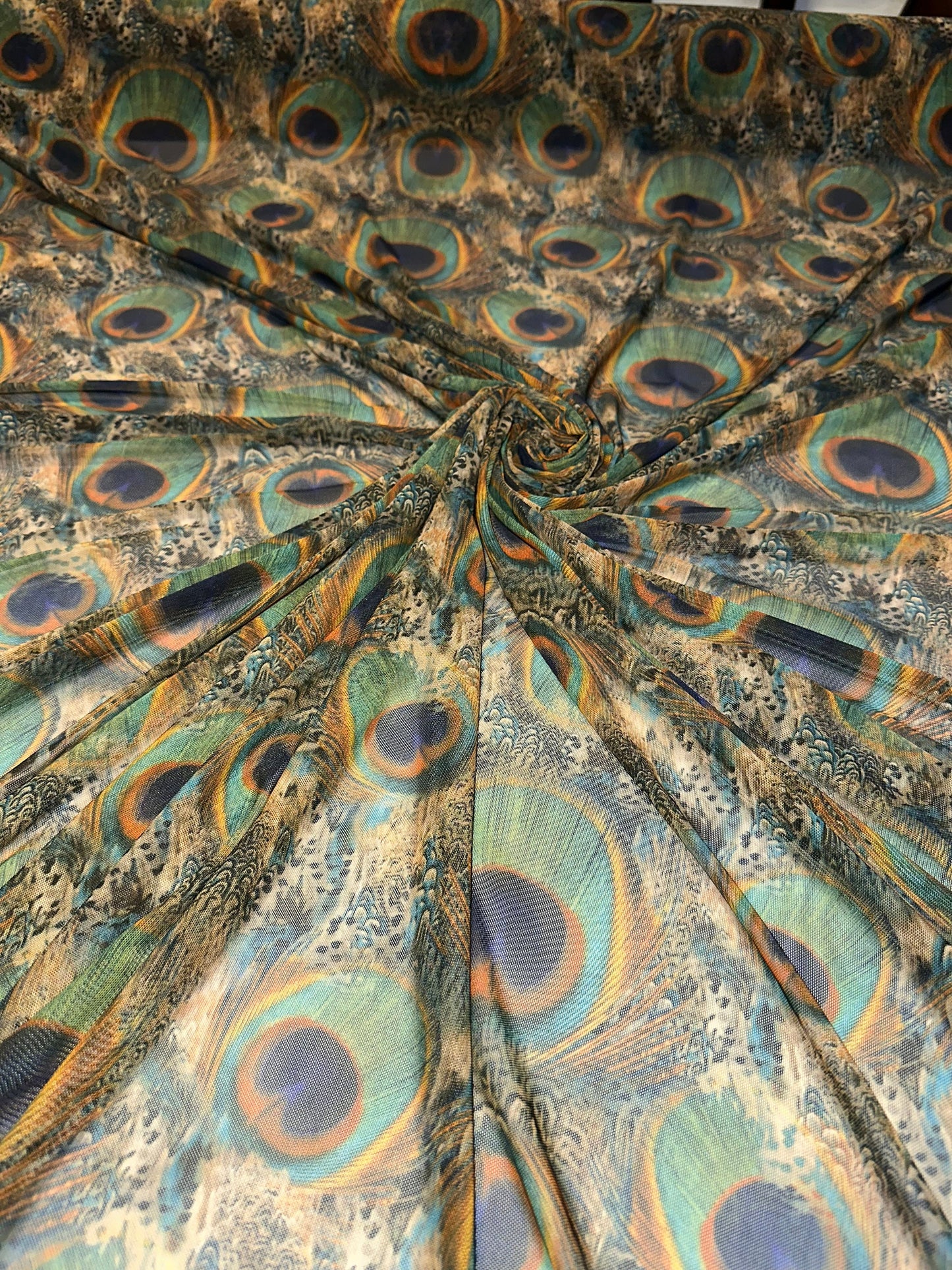 New Exotic peacock design print on great quality of nylon power mesh 4-way stretch 58/60”