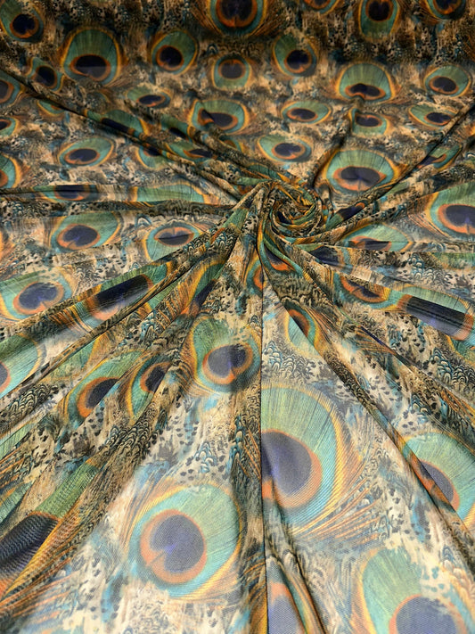 New Exotic peacock design print on great quality of nylon power mesh 4-way stretch 58/60”