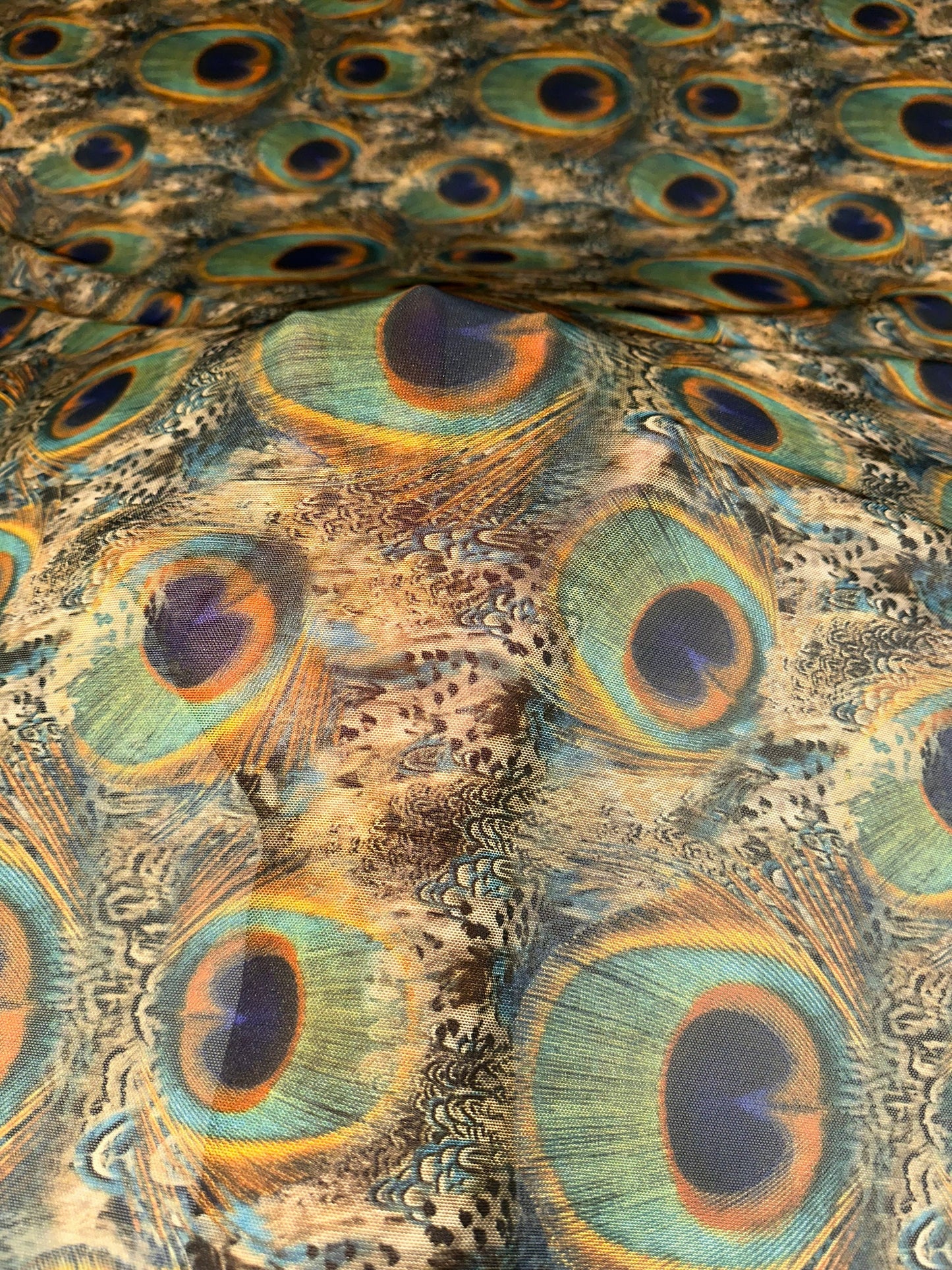 New Exotic peacock design print on great quality of nylon power mesh 4-way stretch 58/60”