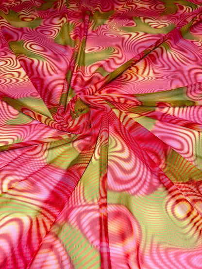 Modern abstract lava design pink multicolor print on great quality of nylon power mesh 4-way stretch 58/60”