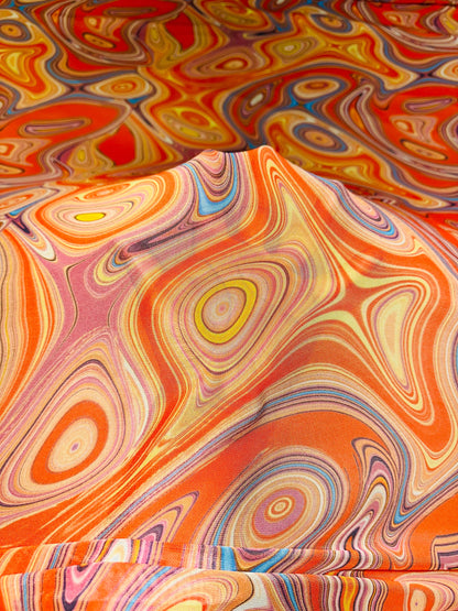 New lava abstract design rust multicolor print on great quality of nylon power mesh 4-way stretch 58/60”