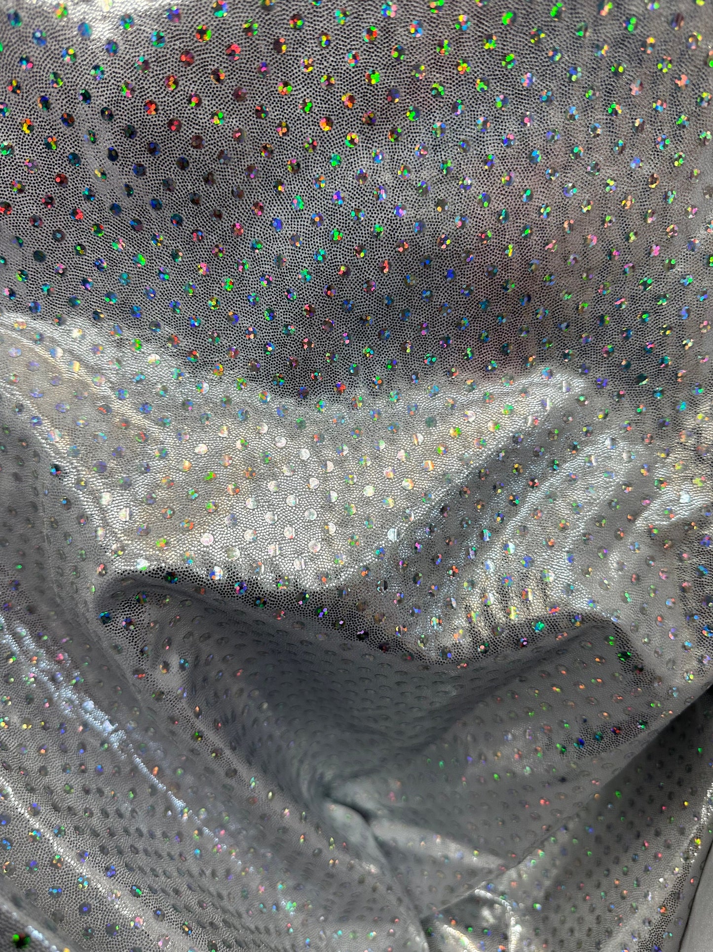 Luxury hologram foggy foil with hologram disco sequins all over metallic nylon spandex 4-way