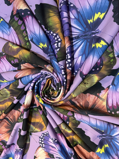 Exotic Butterfly design lavender/Multicolor print on great quality of nylon spandex 4-way stretch 58/60”