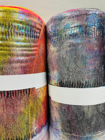 New Alligator design on metallic stretch velvet with foil 4-way stretch 58/60”