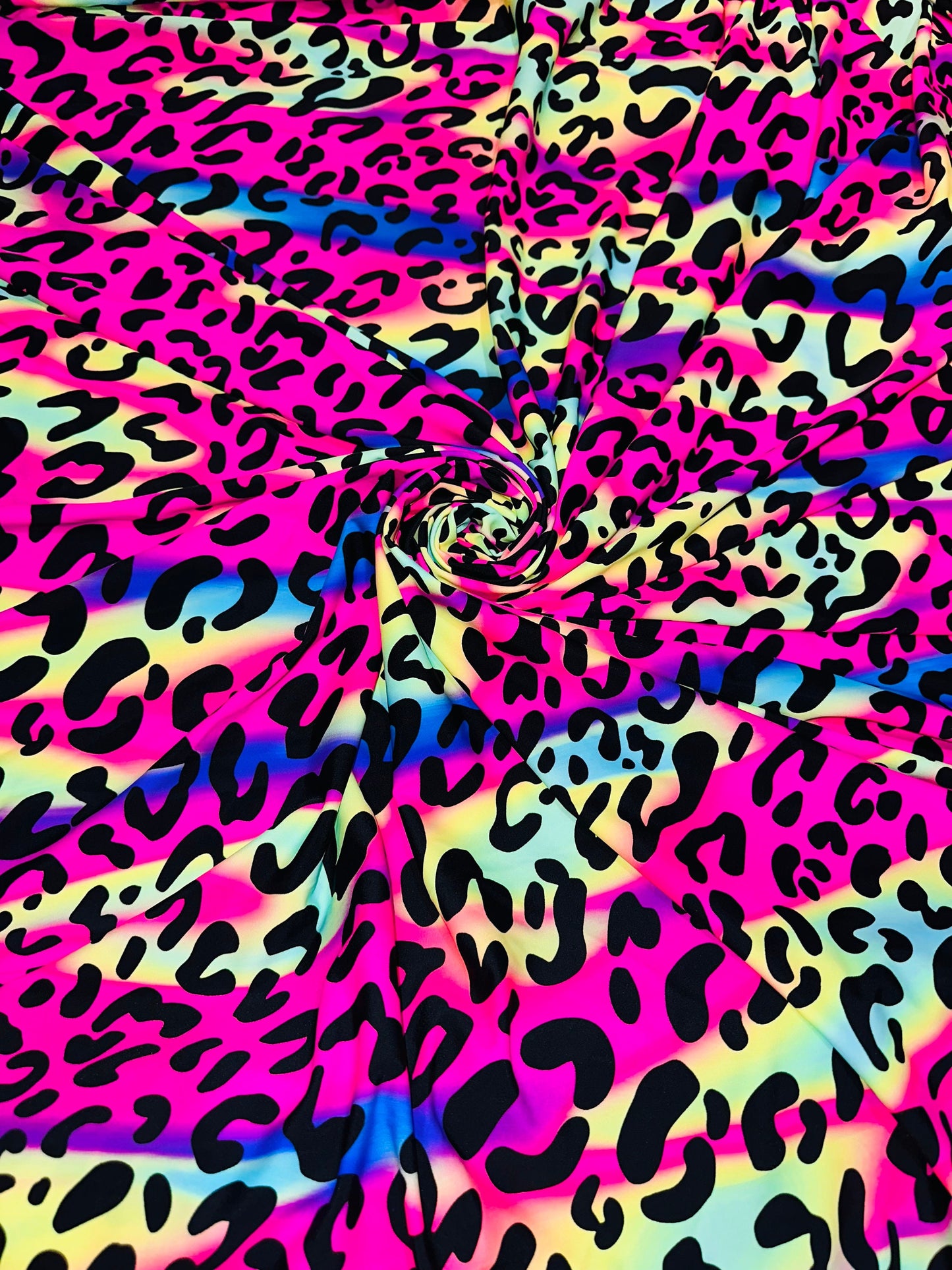 Wild Leopard design rainbow color print on best quality of nylon spandex 4-way stretch 58/60”