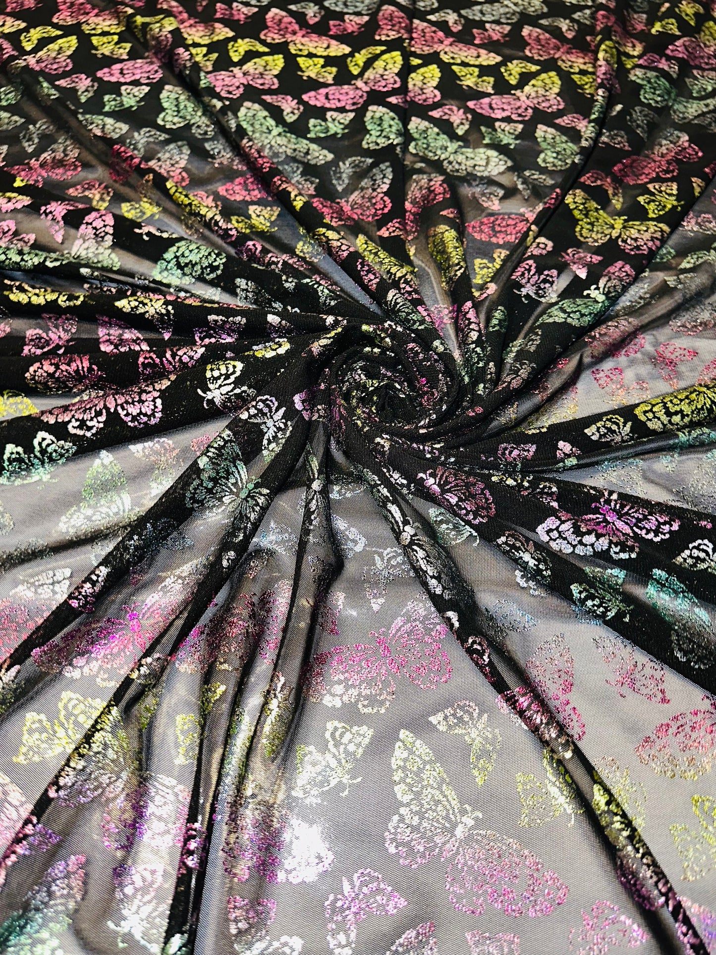 New Luxury Butterfly design rainbow pink on power mesh with foil 4-way stretch 58/60”
