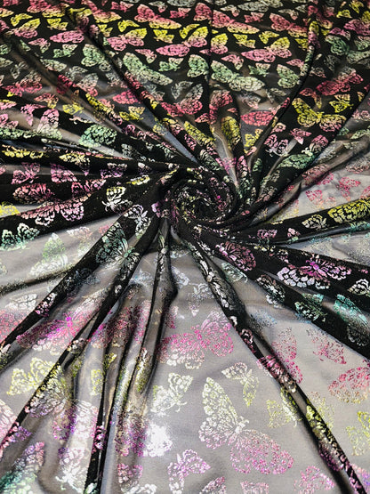 New Luxury Butterfly design rainbow pink on power mesh with foil 4-way stretch 58/60”