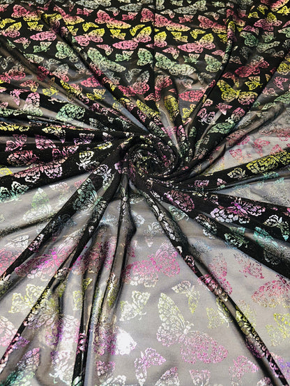New Luxury Butterfly design rainbow pink on power mesh with foil 4-way stretch 58/60”