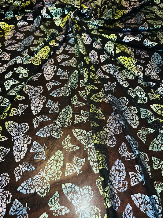 New Luxury Butterfly design Green rainbow pink on power mesh with foil 4-way stretch 58/60”