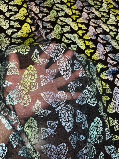 New Luxury Butterfly design Green rainbow pink on power mesh with foil 4-way stretch 58/60”