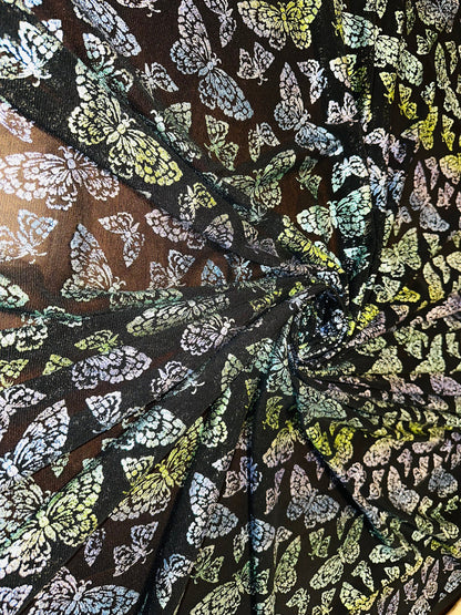 New Luxury Butterfly design Green rainbow pink on power mesh with foil 4-way stretch 58/60”
