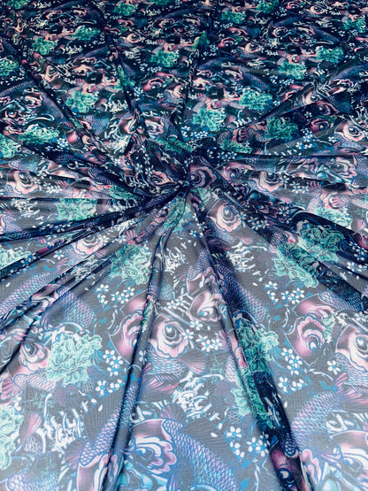 New modern Fish Tattoo design print on great quality of nylon power mesh 4-way stretch 58/60”
