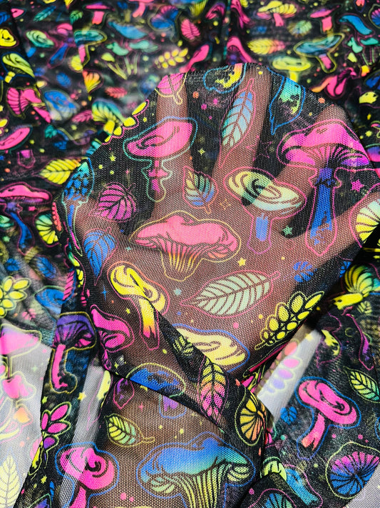 New Magic Mushrooms design print on great quality of nylon power mesh 4-way stretch 58/60”