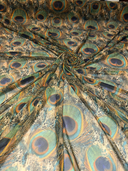 New Exotic peacock design print on great quality of nylon power mesh 4-way stretch 58/60”