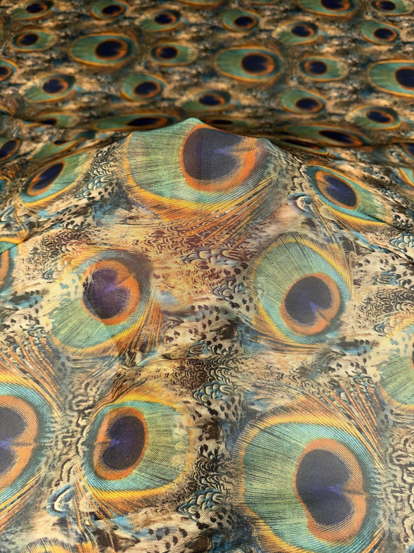 New Exotic peacock design print on great quality of nylon power mesh 4-way stretch 58/60”