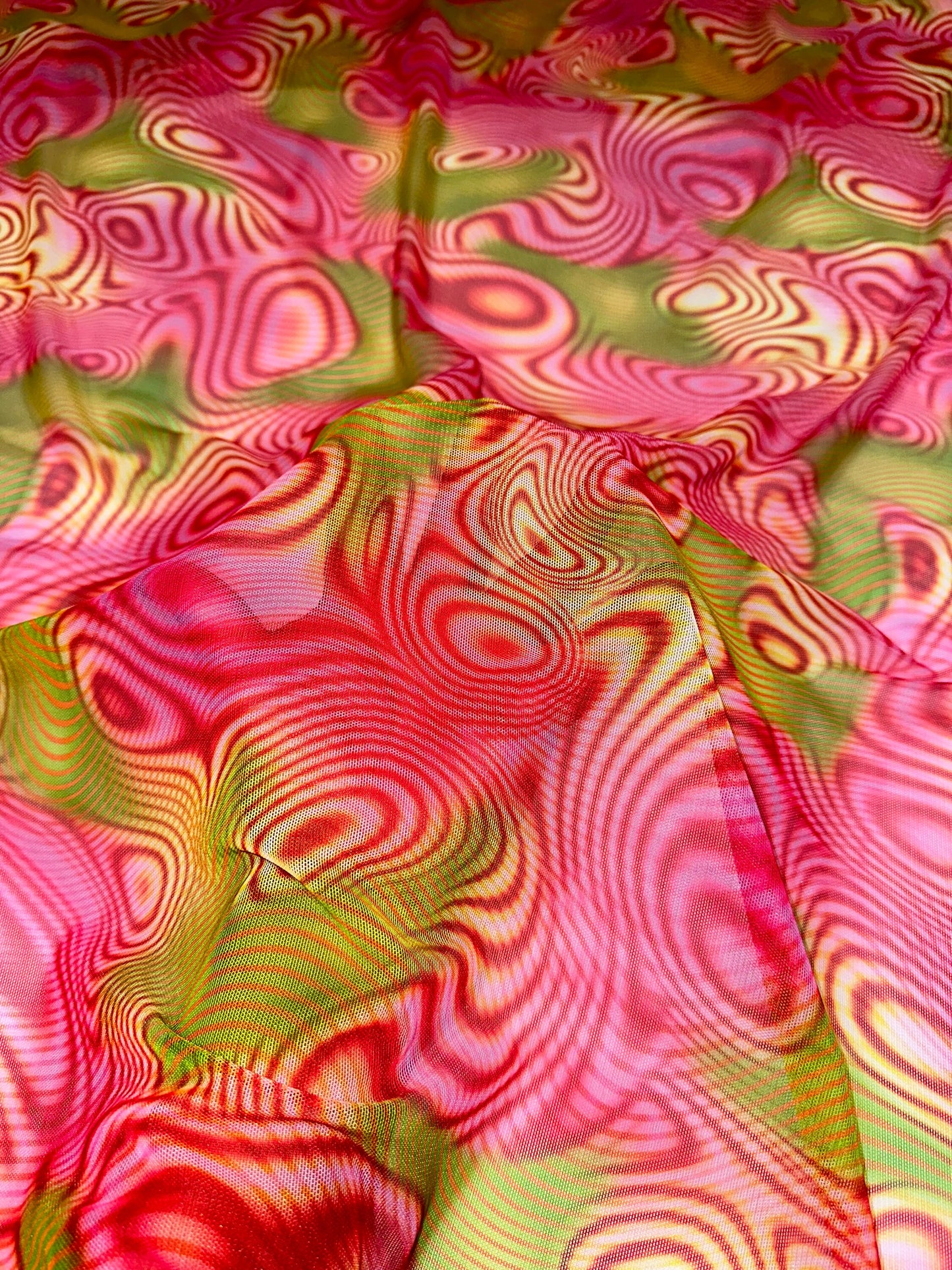 Modern abstract lava design pink multicolor print on great quality of nylon power mesh 4-way stretch 58/60”