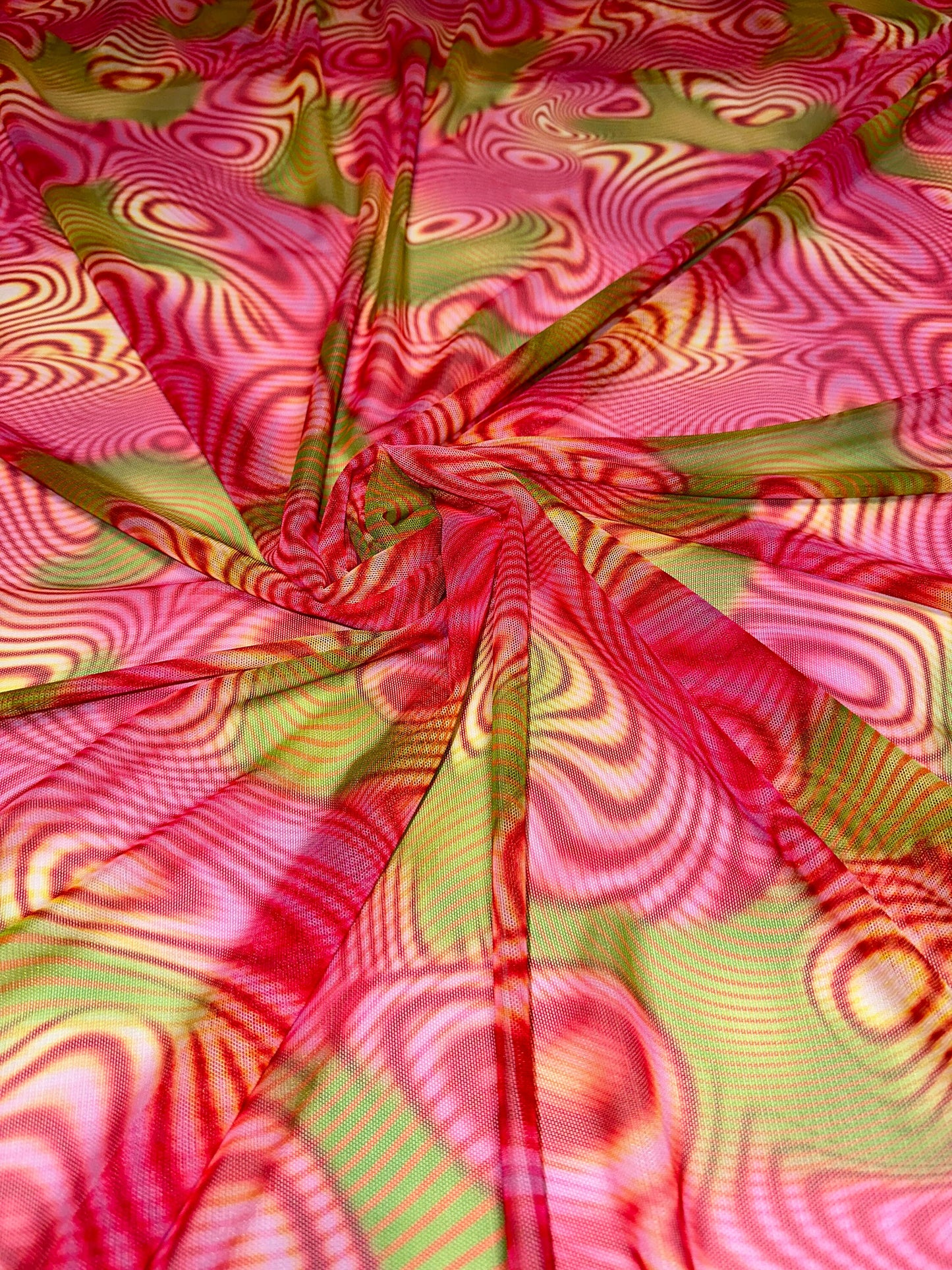 Modern abstract lava design pink multicolor print on great quality of nylon power mesh 4-way stretch 58/60”