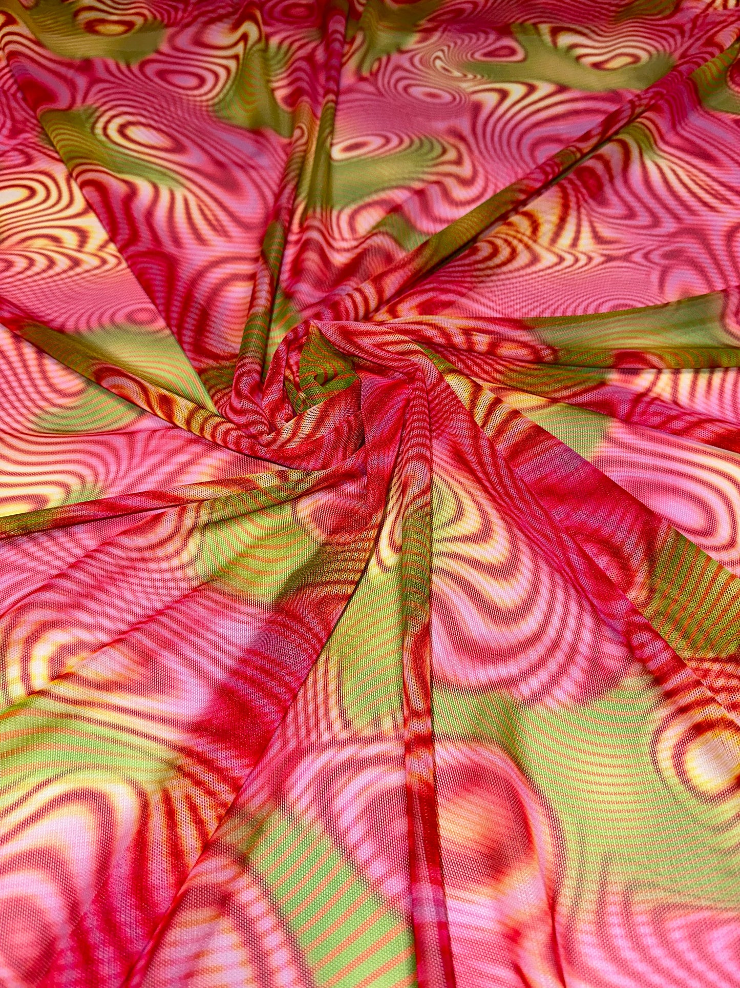 Modern abstract lava design pink multicolor print on great quality of nylon power mesh 4-way stretch 58/60”