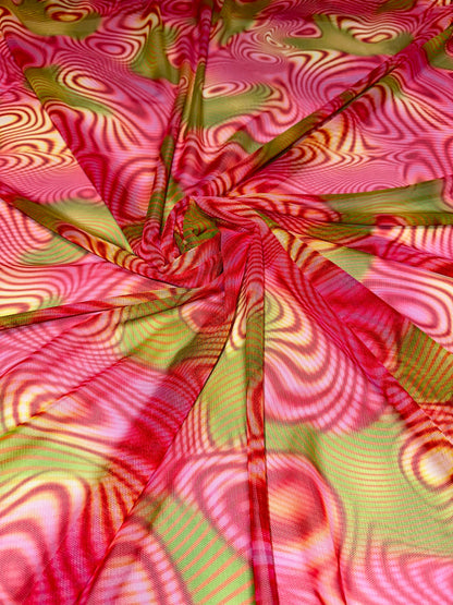 Modern abstract lava design pink multicolor print on great quality of nylon power mesh 4-way stretch 58/60”