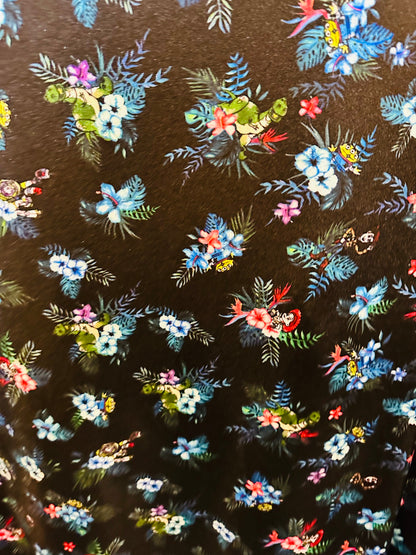 New floral design with dinosaur print on great quality of nylon spandex;-way stretch 58/60”