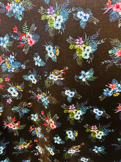 New floral design with dinosaur print on great quality of nylon spandex;-way stretch 58/60”