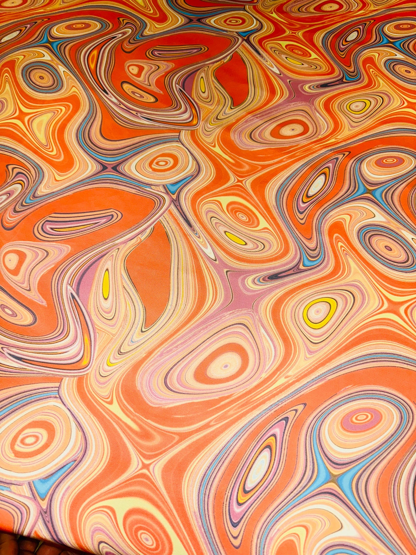 New lava abstract design rust multicolor print on great quality of nylon power mesh 4-way stretch 58/60”