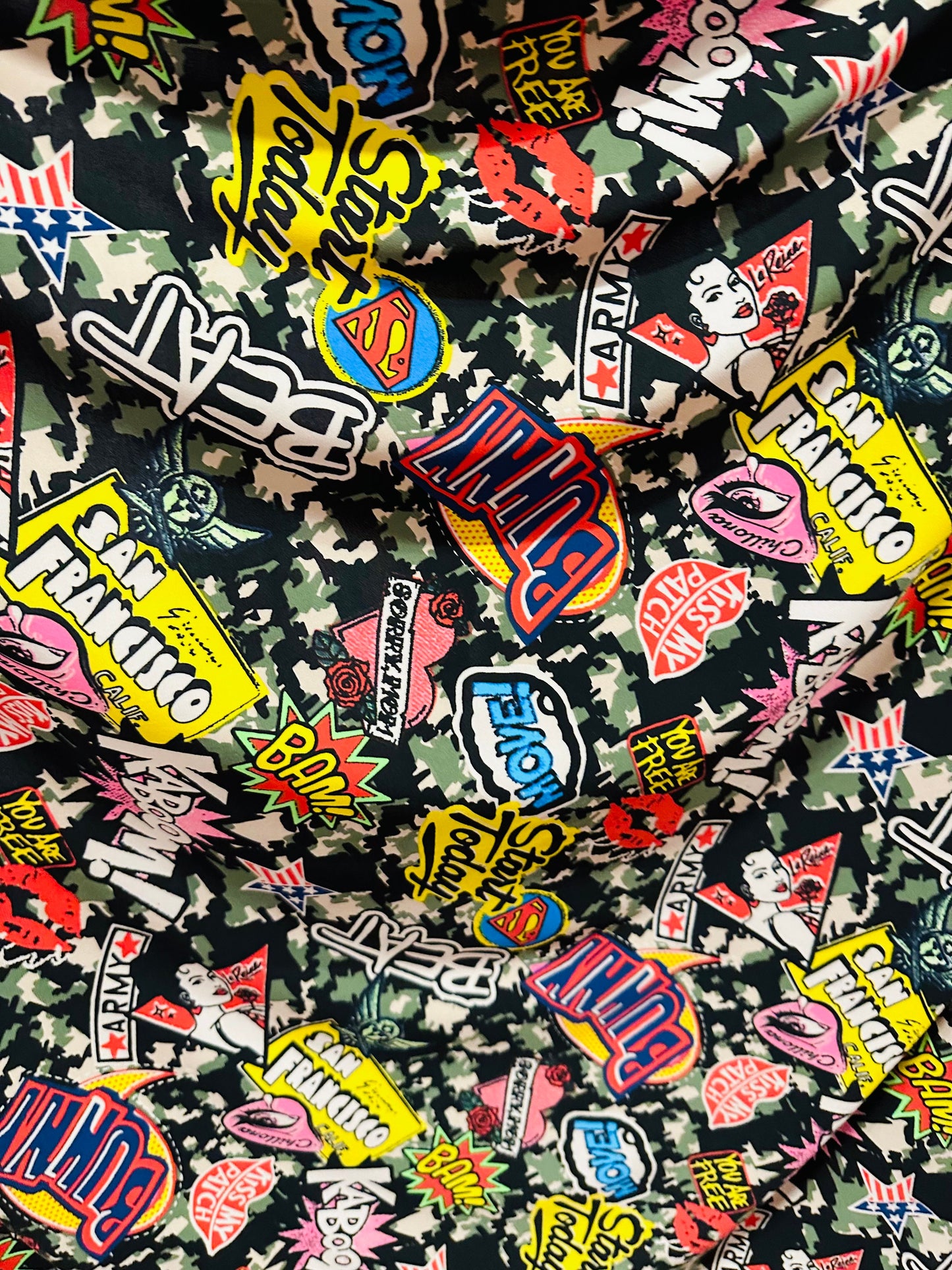 New Camouflage fashion design print on great quality of poly spandex 4-way stretch 58/60”