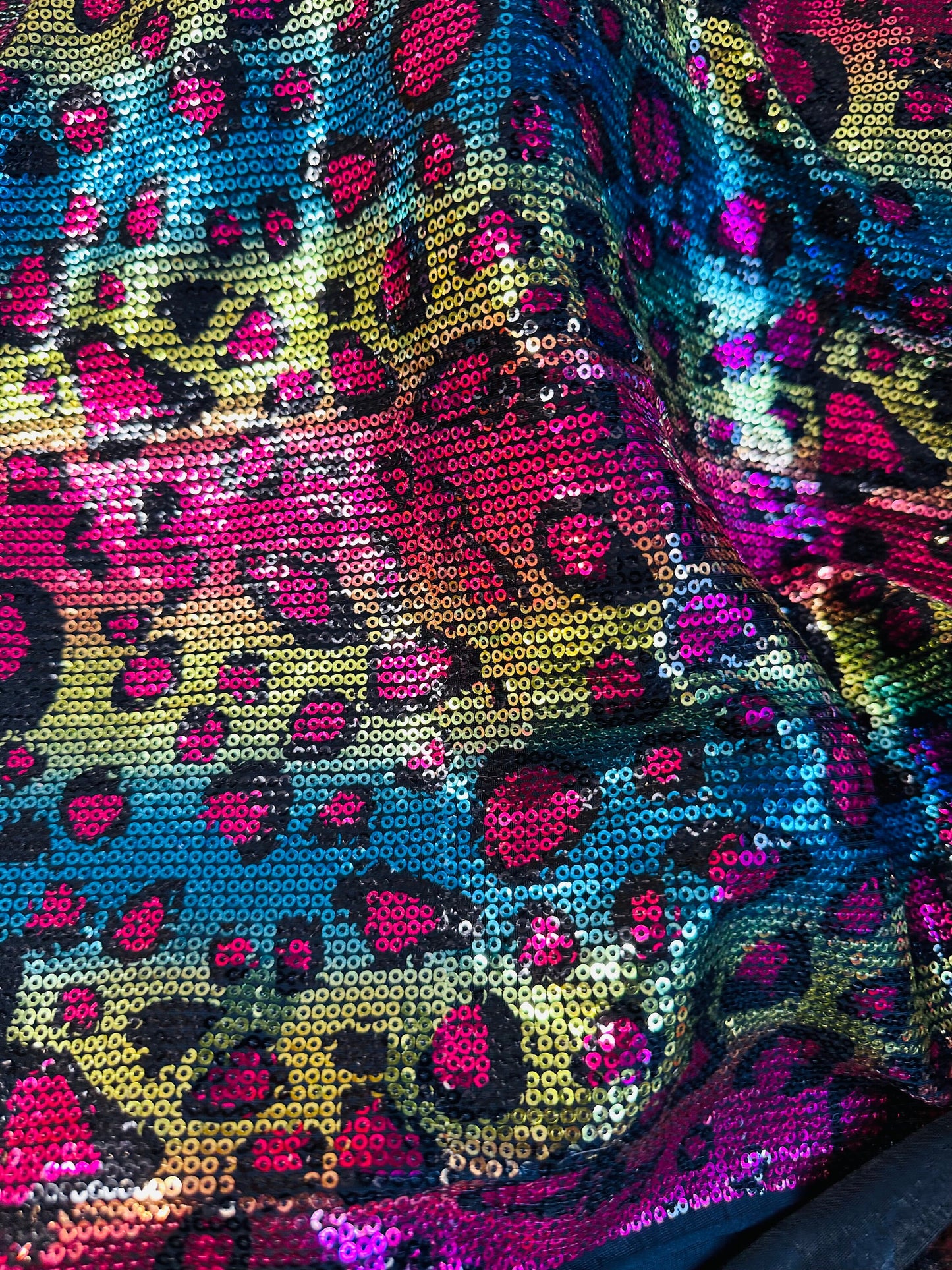 New Exotic Leopard design print on spandex sequins 2-way stretch 58/60” Sold by the YD. Ships worldwide from Los Angeles California USA