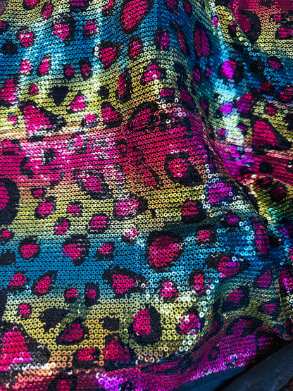 New Exotic Leopard design print on spandex sequins 2-way stretch 58/60” Sold by the YD. Ships worldwide from Los Angeles California USA