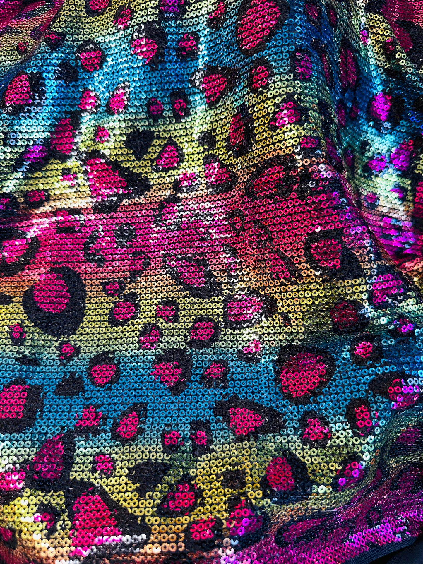 New Exotic Leopard design print on spandex sequins 2-way stretch 58/60” Sold by the YD. Ships worldwide from Los Angeles California USA