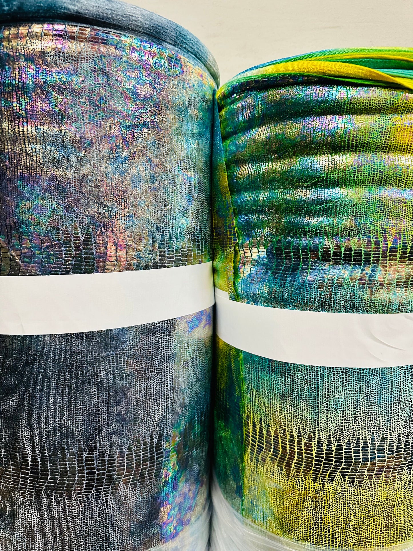 New Alligator design on metallic stretch velvet with foil 4-way stretch 58/60”